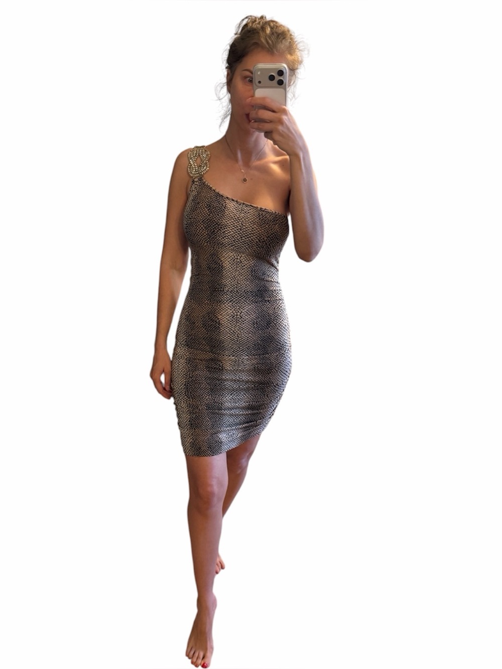 Vtg Cache Jersey Ruched  Rhinestone One Shoulder Cocktail Dress Sz Xs